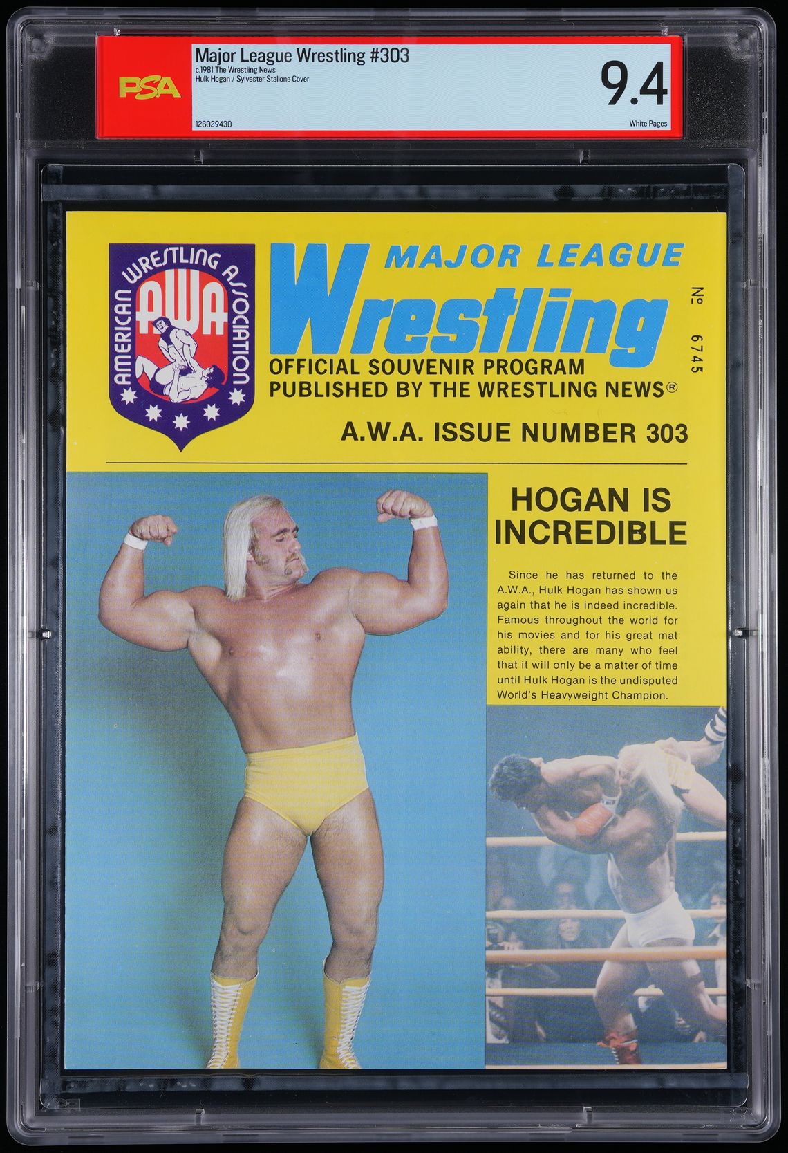 1981 Hulk Hogan AWA Major League Wrestling Magazine Cover PSA 9.4